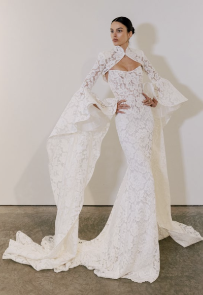Floral Sculpted Fit-and-Flare Wedding Dress with Detachable Bolero by Love by Pnina Tornai - Image 1