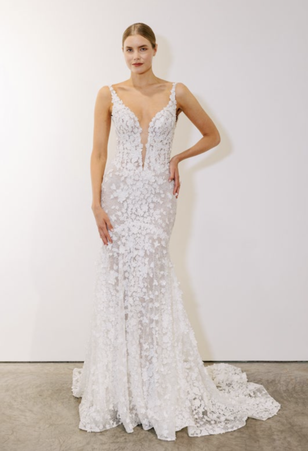 Embellished Floral Sheath Wedding Dress by Love by Pnina Tornai - Image 1